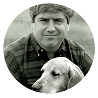 Black-and-white circular logo featuring David Rosenfelt with a golden retriever